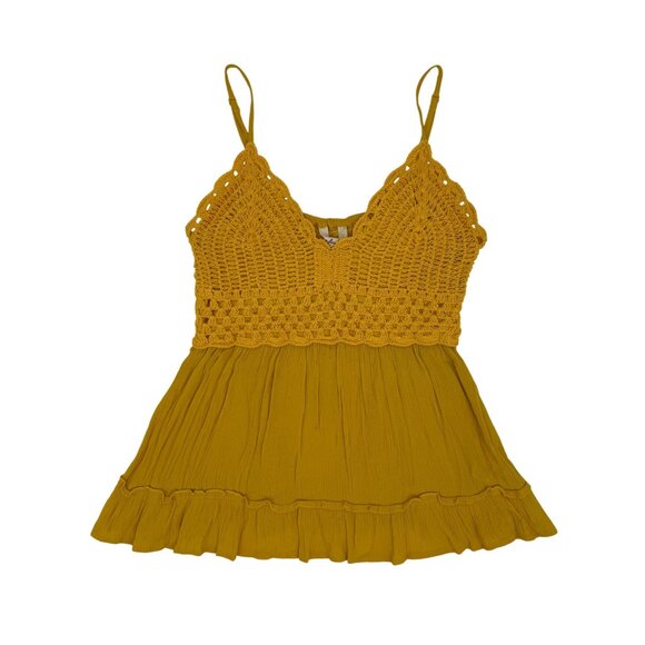 Mustard Yellow Crochet Boho Babydoll Top Cottagecore Croquette Aesthetic M - Picture 1 of 11
